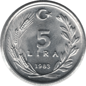 '1983 Turkey 5 Lira Coin PLANCHET FLAW UNDER ''5'' (KM# 949.2 Schn# 468)'
