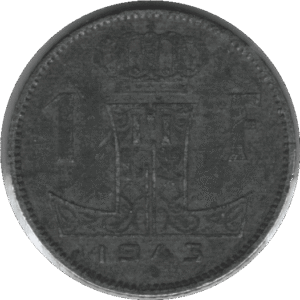 1943 Belgium 1 Franc Coin French Text First (KM# 127 LA# BFM-99 Schn# 93)