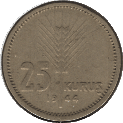 1944 Turkey 25 Kuruş Coin (KM# 880 Schn# 395)