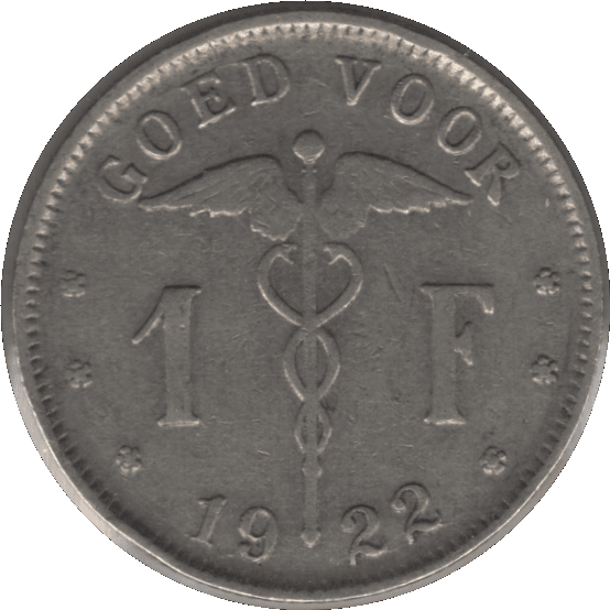 1922 Belgium 1 Franc Coin (KM# 90 Schn# 52)