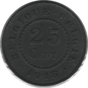 1918 Belgium 25 Centimes Coin WWI Issue (KM# 82 Schn# 47)
