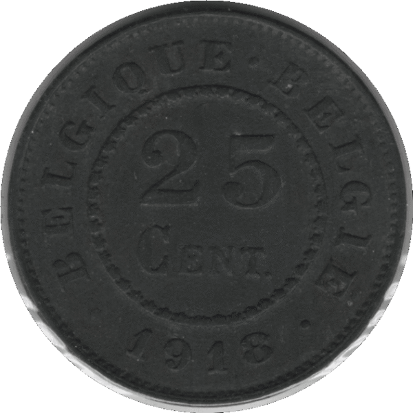 1918 Belgium 25 Centimes Coin WWI Issue (KM# 82 Schn# 47)