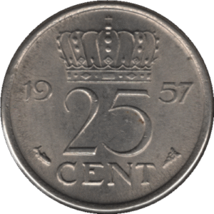 1957 Netherlands 25 Cents Coin (KM# 183 Schn# 67)