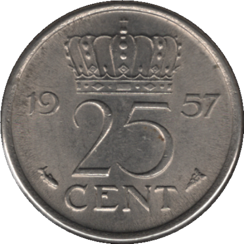 1957 Netherlands 25 Cents Coin (KM# 183 Schn# 67)