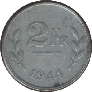 1944 Belgium 2 Francs Coin WWII Issue (KM# 133 Mor# 501 LA# BFM-121 Schn# 95)