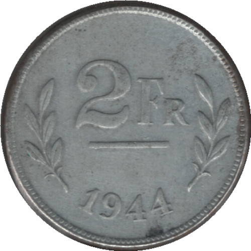 1944 Belgium 2 Francs Coin WWII Issue (KM# 133 Mor# 501 LA# BFM-121 Schn# 95)