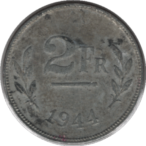 1944 Belgium 2 Francs Coin (KM# 133 Mor# 501 LA# BFM-121 Schn# 95)