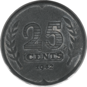 1942 Netherlands 25 Cents Coin WWII Issue (KM# 174 Schn# 59)