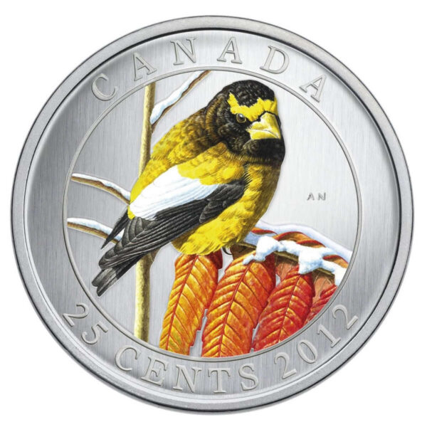 2012 25c Birds of Canada: Evening Grosbeak - Coloured Coin