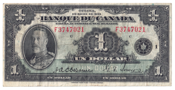 1935 Un Dollar The Bank of Canada FRENCH