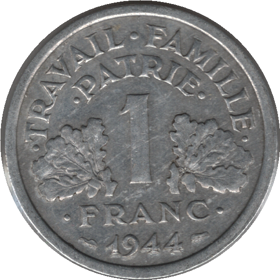 1944 France 1 Franc Coin Light Type (Franc 2014# 223 Schn# 213 KM# 902.1)