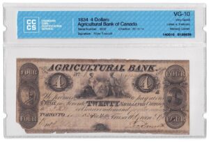 1834 4 Dollars Agricultural Bank of Canada CCCS Graded VG-10
