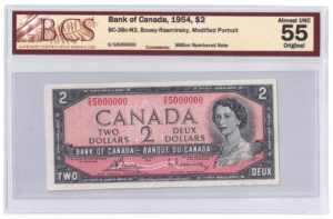 1954  Dollar Bank of Canada BCS Graded UNC-65 C/G Prefix MILLION NUMBERED