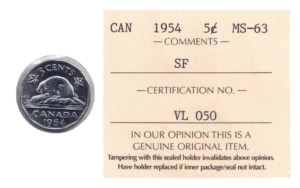 1954 5 Cents The Bank of Canada Coin ICCS Graded MS-63 (KM# 50)