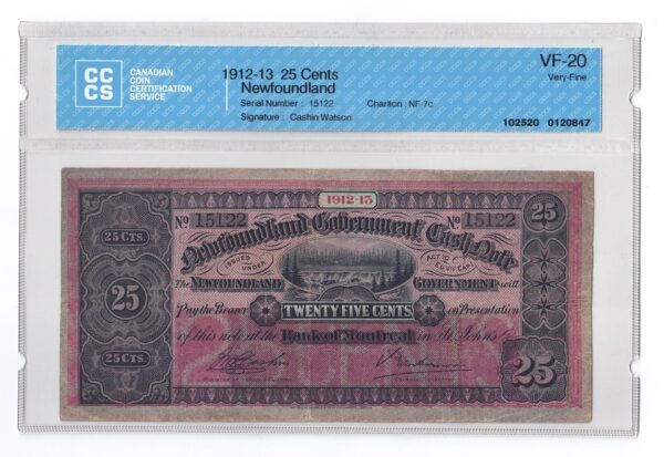 1912-13 Newfoundland 25 Cents Banknote CCCS VF-20