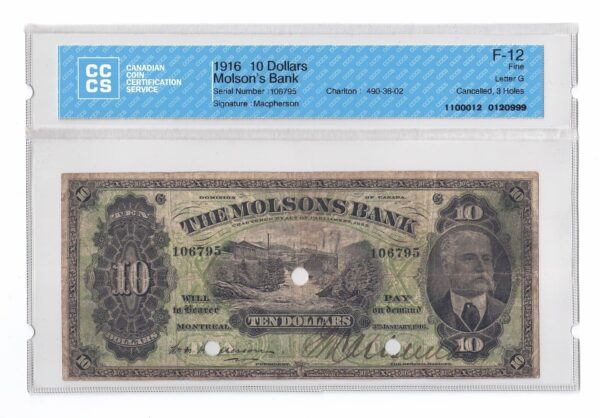 1916  Dollars The Molsons Bank Graded Banknote CCCS F-12
