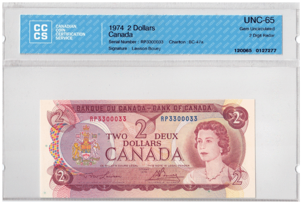 1974  Dollars The Bank of Canada TWO DIGIT RADAR CCCS Graded UNC-65