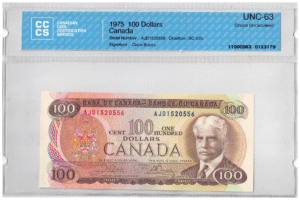 1975 100 Dollars The Bank of Canada STEEL CCCS Graded UNC-63