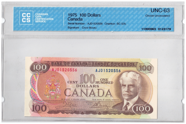 1975 100 Dollars The Bank of Canada STEEL CCCS Graded UNC-63