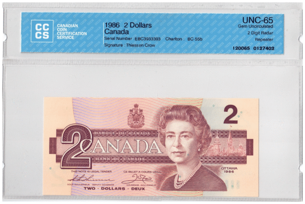 1986  Dollars The Bank of Canada TWO DIGIT RADAR/REPEATER CCCS Graded UNC-65