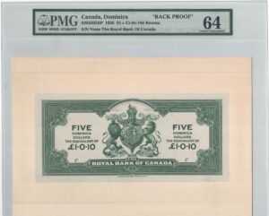 1920  Dollars £1-0s-10d The Royal Bank of Canada BACK PROOF PMG Graded UNC-64