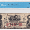 1859  Dollars Bank of Western Canada SPECIAL SIGNATURE CCCS Graded VF-30