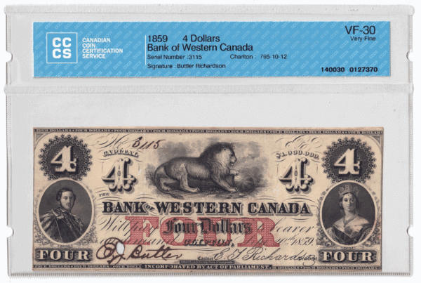 1859  Dollars Bank of Western Canada SPECIAL SIGNATURE CCCS Graded VF-30