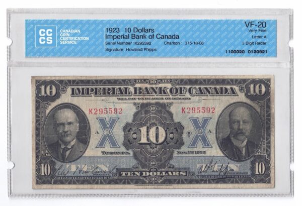 1923  Dollars The Imperial Bank of Canada 3 Digit Radar Banknote CCCS Graded VF-20
