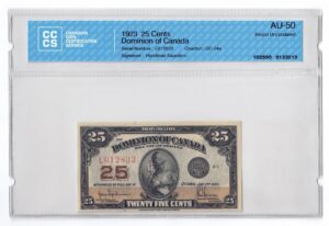 1923 25 Cents The Dominion of Canada Banknote CCCS Graded AU-50
