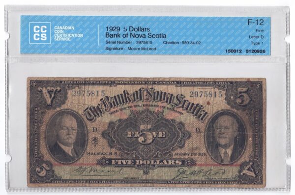 1929  Dollars The Bank of Nova Scotia TYPE 1 CCCS Graded F-12