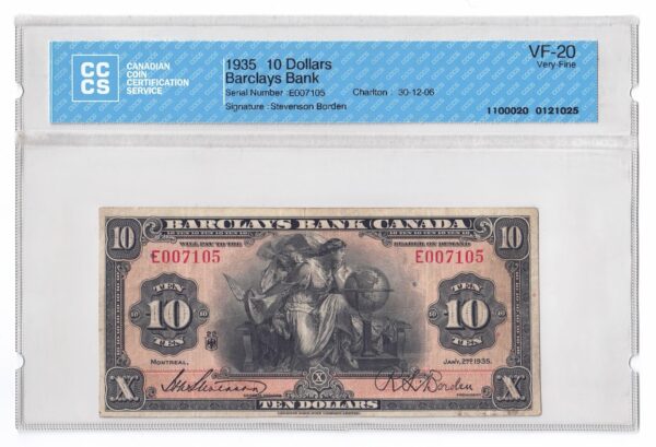 1935  Dollars Barclays Bank (Canada) Banknote CCCS Graded VF-20