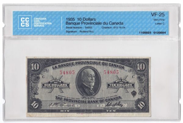 1935  Dollars La Banque Provinciale Du French Canada Banknote CCCS Graded VF-25