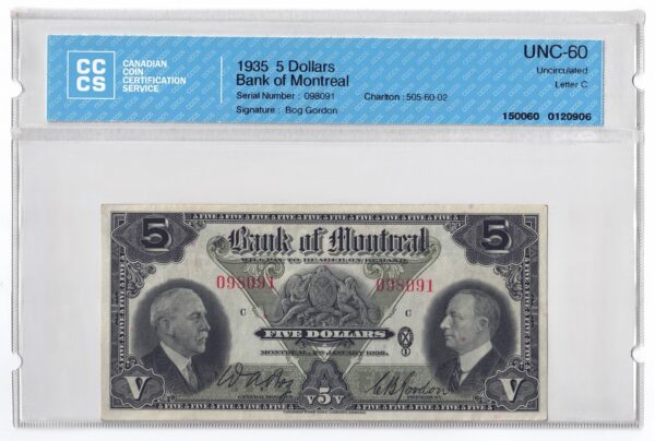 1935  Dollar The Bank of Montreal Banknote CCCS Graded UNC-60