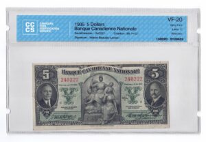 1935  Dollars Banque Canadienne Nationale Banknote CCCS Graded VF-20
