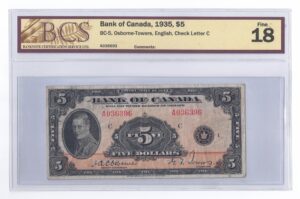 1935  Dollars The Bank of Canada Osborne-Tower Banknote BCS Graded F-18
