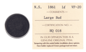 1861 1 Cent Canadian Coin ICCS Graded VF-20 LARGE BUD (KM# 8)