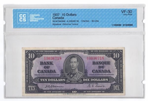 1937  Dollars The Bank of Canada Osborne-Towers Banknote CCCS Graded VF-30
