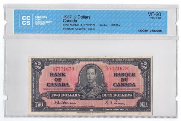 1937  Dollars The Bank of Canada Banknote CCCS Graded VF-20