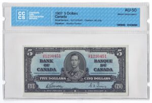 1937  Dollars The Bank of Canada Banknote CCCS Graded AU-50