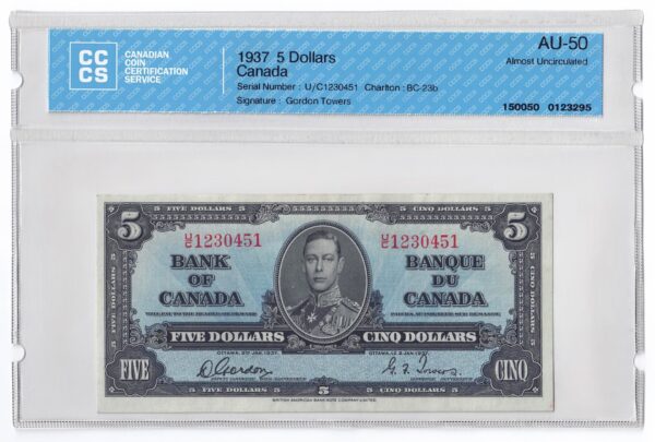 1937  Dollars The Bank of Canada Banknote CCCS Graded AU-50