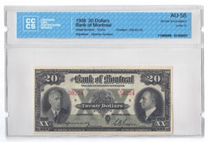 1938  Dollars The Bank of Montreal Banknote CCCS Graded AU-58