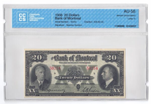 1938  Dollars The Bank of Montreal Banknote CCCS Graded AU-58
