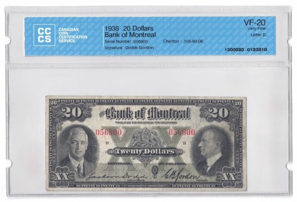 1938  Dollars The Bank of Montreal Banknote CCCS Graded VF-20