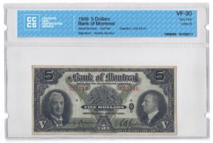 1938  Dollars The Bank of Montreal Banknote CCCS Graded VF-30