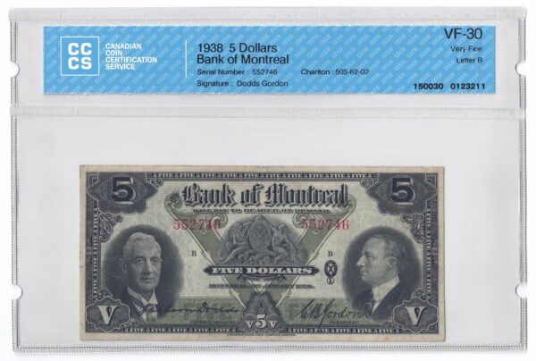1938  Dollars The Bank of Montreal Banknote CCCS Graded VF-30