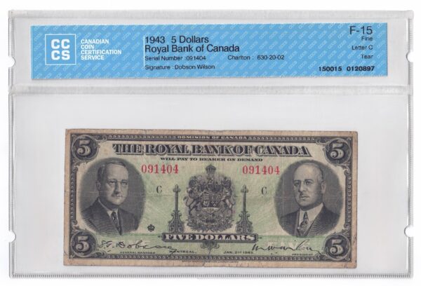 1943  Dollars The Royal Bank of Canada Banknote CCCS Graded F-15