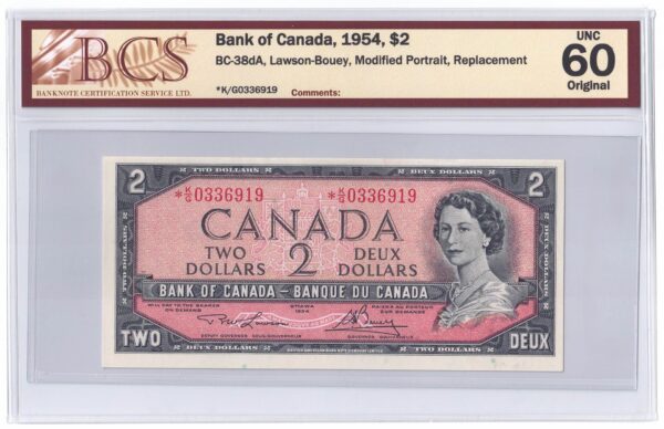 1954  Dollars The Bank of Canada Modified Portrait REPLACEMENT Banknote BCS UNC-60