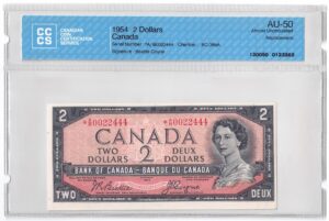 1954  Dollars The Bank of Canada Modified Portrait Replacement Banknote CCCS Graded AU-50