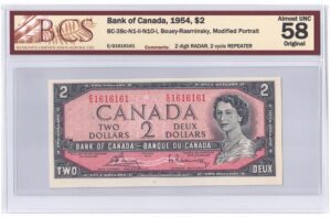 1954  Dollars The Bank of Canada Modified Portrait TWO DIGIT RADAR/REPEATER Banknote BCS Graded AU-58