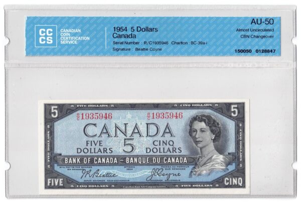 1954 5 Dollars Bank of Canada CCCS Graded AU-50